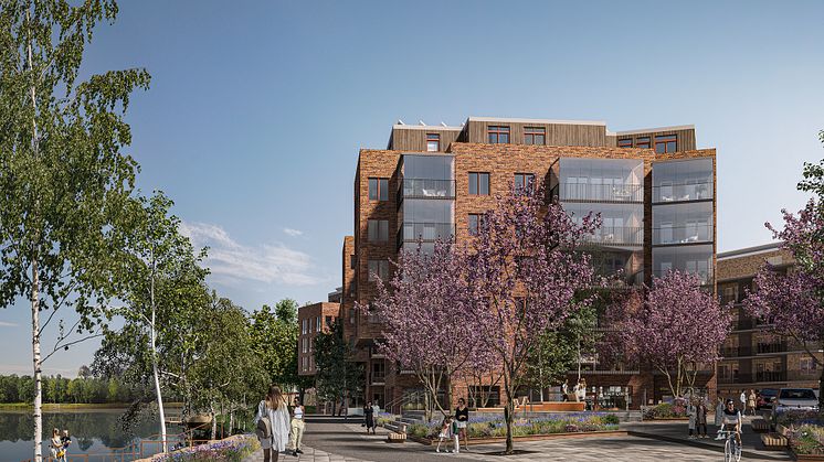 Nu växer stadsdelen Haga med 300 bostäder, ett torg, en parkanläggning och en strandpromenad med hängbryggor. Bild: Afry