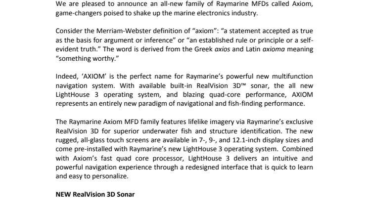 Raymarine: Introducing Axiom™ Multifunction Displays with RealVision 3D™ Sonar & Lighthouse 3