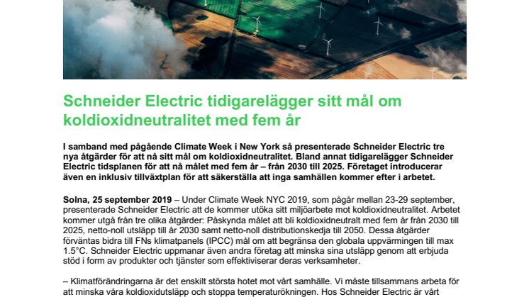 Schneider Electric tidigarelägger sitt mål om koldioxidneutralitet med fem år