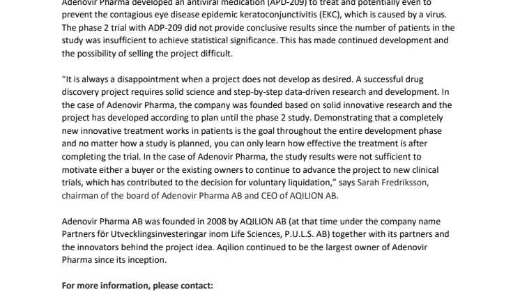 Aqilion project company Adenovir Pharma liquidated