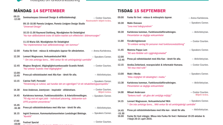 Program Funka för livet Karlskrona 14-15 september