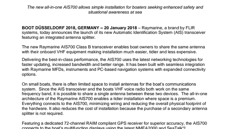Raymarine - boot Düsseldorf : Raymarine Launches New AIS Transceiver with Integrated Antenna Splitter