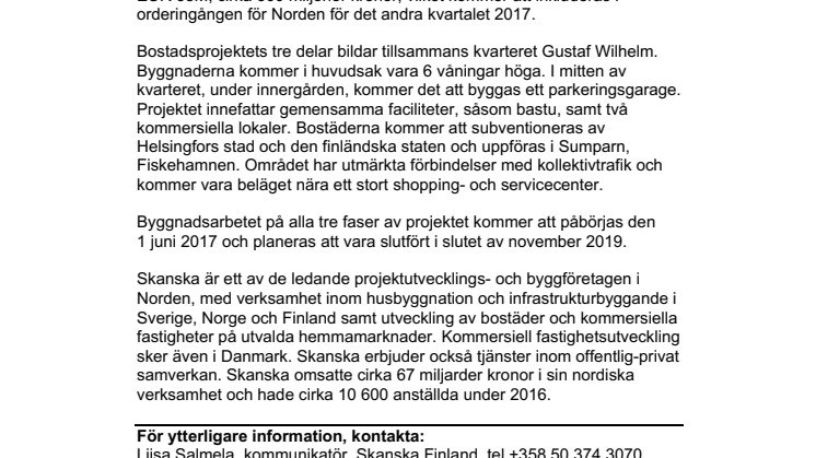 Skanska bygger lägenheter i Helsingfors, Finland, för EUR 38M, cirka 360 miljoner kronor
