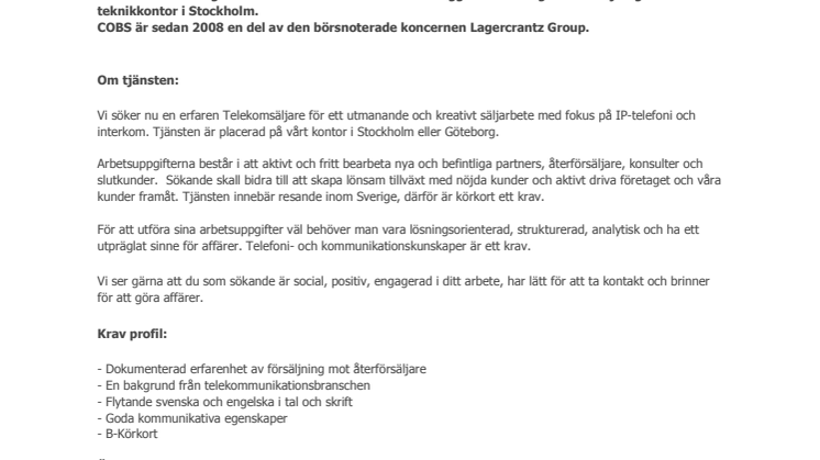 Ledig Tjänst - Telekomsäljare