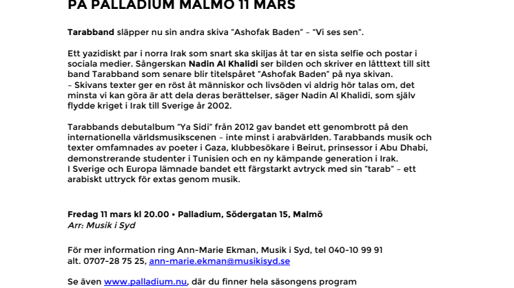 Tarabband – för Malmö i världen – Releasekonsert på Palladium Malmö 11 mars