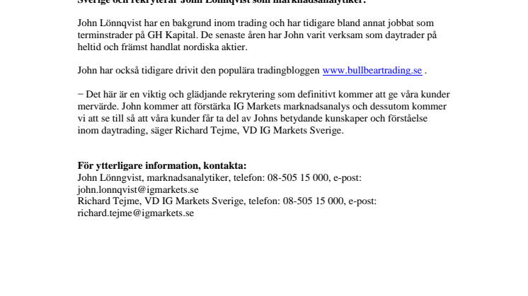 IG Markets Sverige expanderar – Anställer tradinginriktad marknadsanalytiker