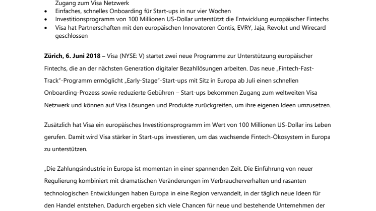 Visa ermöglicht schnelleren Zugang zu seinem Netzwerk und startet 100-Mio.-US-Dollar-Programm für europäische Fintechs