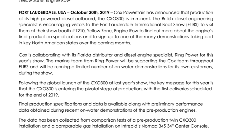 FLIBS 2019: Cox Powertrain Announces Production of the CXO300 