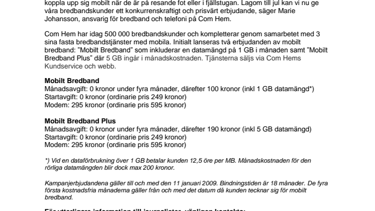 Com Hem lanserar mobilt bredband