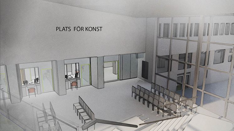 Syntolkning: Arkitektskiss över ny entréhall med vägg för gestaltning utmärkt med texten Plats för konst.