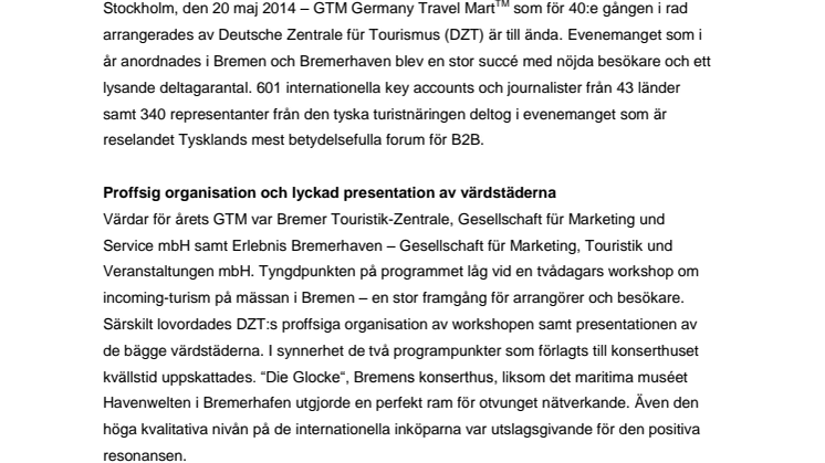 DZT rapporterar om succé på GTM i Bremen och Bremerhaven