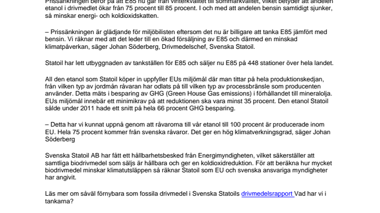 Statoil sänker priset på etanol E85 med 54 öre 