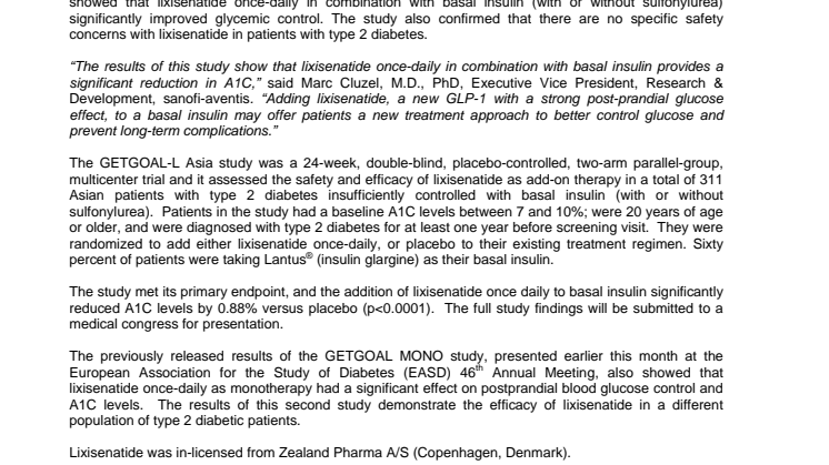 Once-Daily Lixisenatide in Combination with Basal Insulin Demonstrates Significant Improvement in Glucose Control