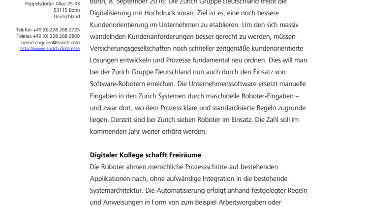 Roboter bei Zurich: Mit den virtuellen Kollegen Hand in Hand