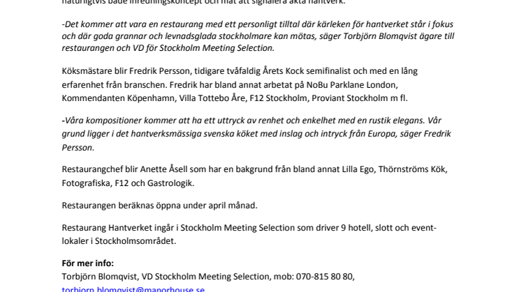 ​Ny mötesplats i Stockholm - Restaurang Hantverket flyttar in på Sturegatan 15