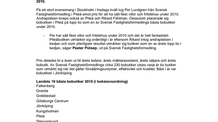 Mäklare från Piteå sålde flest villor och fritidshus under 2010