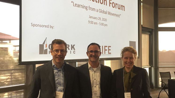 Gustav Jansson, LTU, Jerker Lessing, BoKlok, och Susanne Rudenstam, Sveriges träbyggnadskansli på IC Forum 2020.