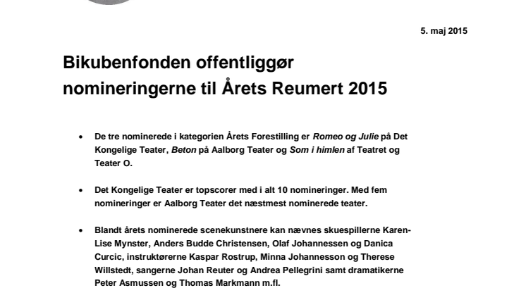 Bikubenfonden offentliggør nomineringerne til Årets Reumert 2015