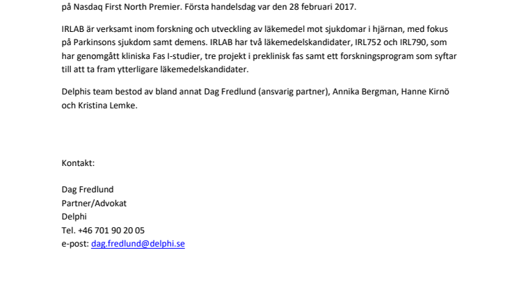 Delphi rådgivare till IRLAB Therapeutics AB (publ) i samband med IPO om ca 115 miljoner kronor och listning på Nasdaq First North Premier