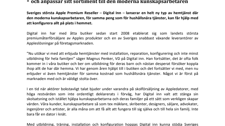 Digital Inn lanserar hemtjänster - anpassar sitt sortiment till den moderna kunskapsarbetaren 
