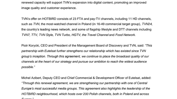 ​​Eutelsat renews its partnership with Polish broadcaster TVN 