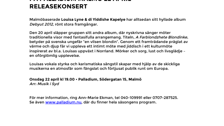 LOUISA LYNE & DI YIDDISHE KAPELYE PÅ PALLADIUM MALMÖ 22 APRIL –RELEASEKONSERT