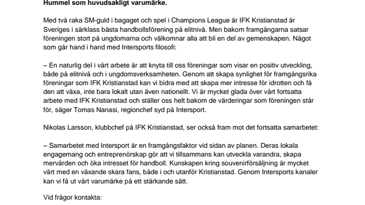 Intersport förnyar avtalet med handbollsmästarna IFK Kristianstad