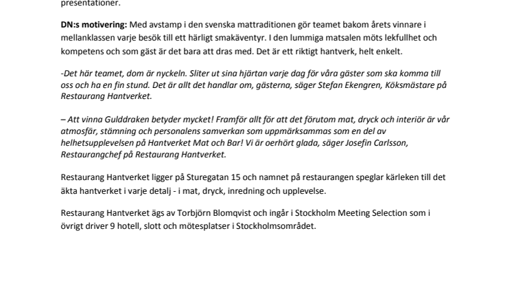 Restaurang Hantverket vinner Gulddraken 2019