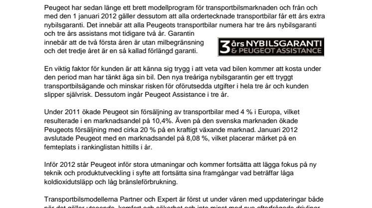 Peugeots transportbilar får förlängd nybilsgaranti till 3 år 