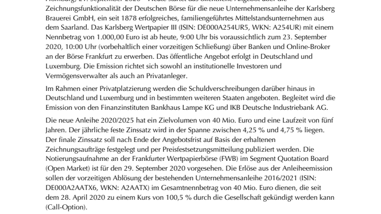 Karlsberg Brauerei: Zeichnungsfrist für neue Anleihe 2020/2025 startet heute