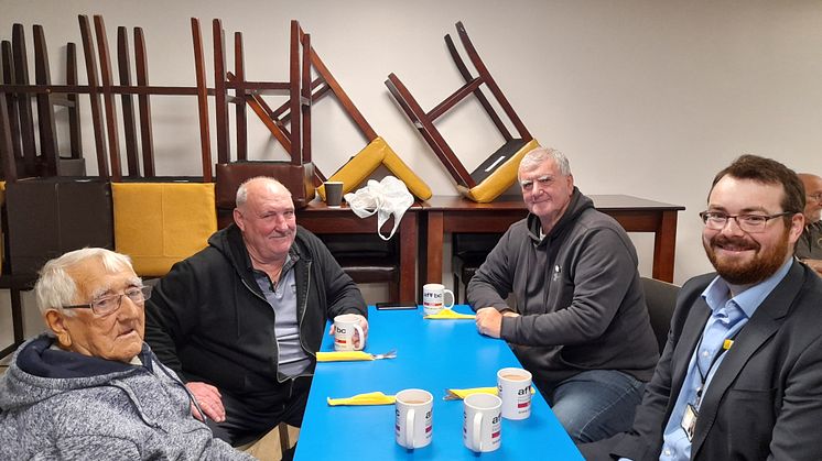 Cllr Eamonn O’Brien at the veterans breakfast hub with Roy Davey, formerly of the Royal Army Medical Corp, and veterans’ relatives Pete Sandiford and David Isaacs.