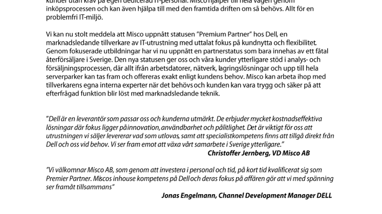 Misco uppnår statusen ”Premium Partner” hos Dell
