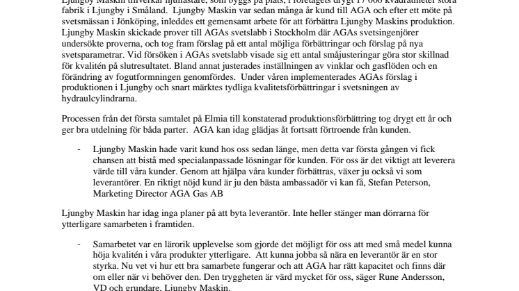 Nära samarbete med AGA hjälper Ljungby Maskin att optimera produktionen