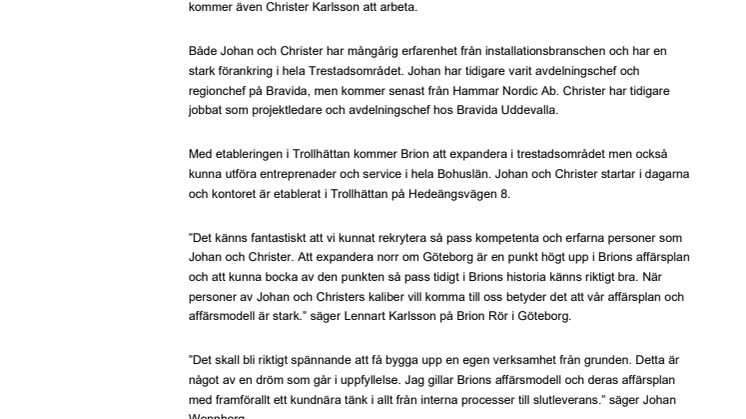 Brion Installation & Service etablerar kontor i Trollhättan