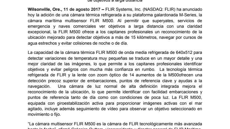 FLIR: FLIR presenta la cámara marítima multisensor de alto rendimiento FLIR M500