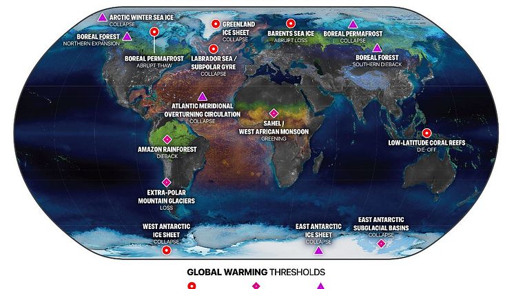 Summary Map by Earth Commission/Globaïa. Caption: The location of climate tipping elements inthe cryosphere (blue), biosphere (green) and ocean/atmosphere (orange), and global warminglevels their tipping points will likely be triggered at.