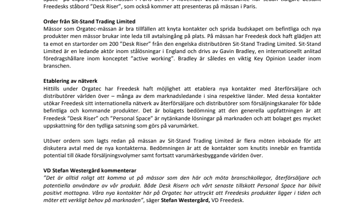 Produktlansering och startorder för Freedesk på Orgatec