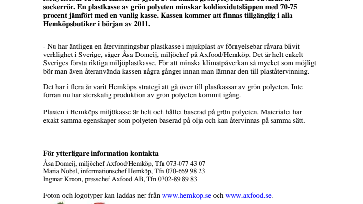 Hemköp först i Sverige med plastkassar av förnyelsebar råvara