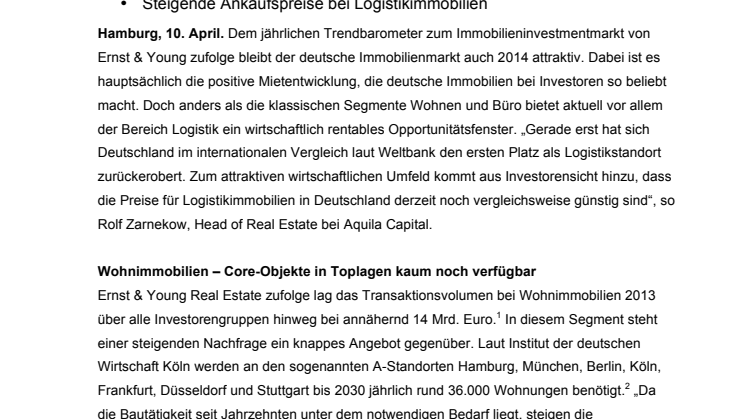 Aquila Capital: Am Immobilienmarkt Deutschlands ist Logistik derzeit am attraktivsten  