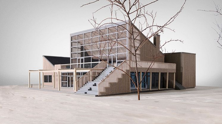 Den nya byggnaden blir det första som möter besökarna hos Granö Beckasin. Foto/modell: Modell i skala 1:50 framtagen av arkitektkontoret Peripheral Works.