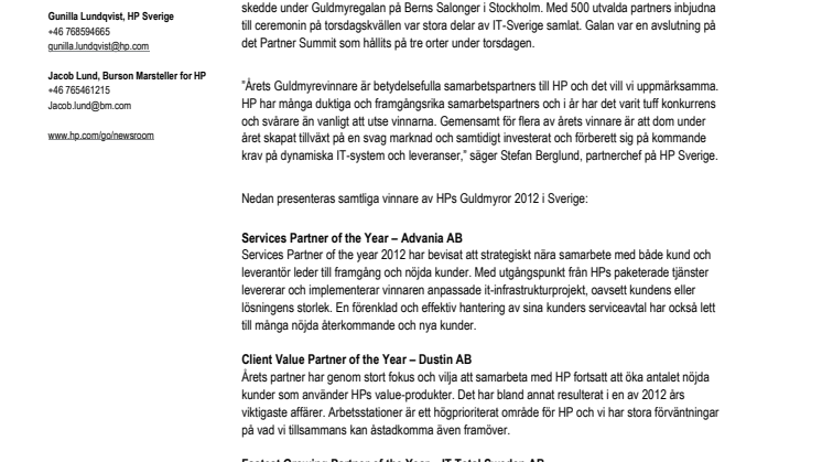 Vinnare av HPs Guldmyror i Sverige 2012 