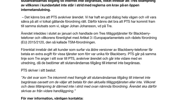 PTS-ärende mot Tre nedlagt