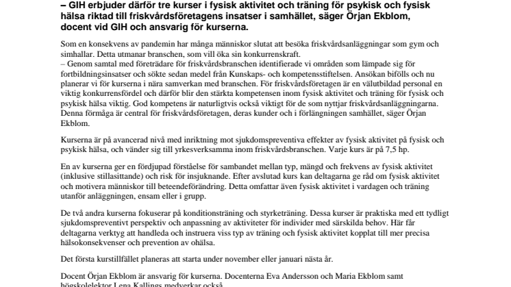 GIH erbjuder utbildning i  hälsa för friskvårdsföretagen 