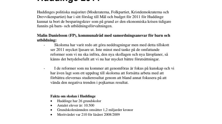 Inga besparingar på skolan i Huddinge 2011