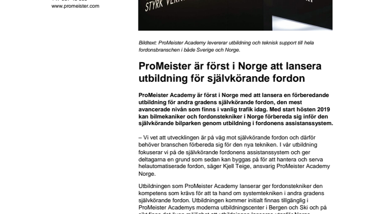 ProMeister är först i Norge att lansera utbildning för självkörande fordon