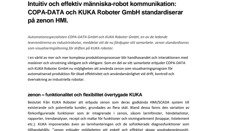 Intuitiv och effektiv människa-robot kommunikation: COPA-DATA och KUKA Roboter GmbH standardiserar på zenon HMI.