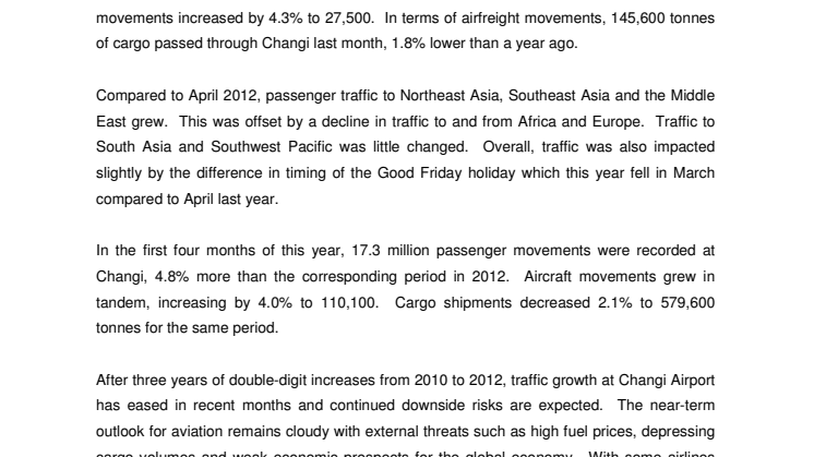 Operating indicators for April 2013