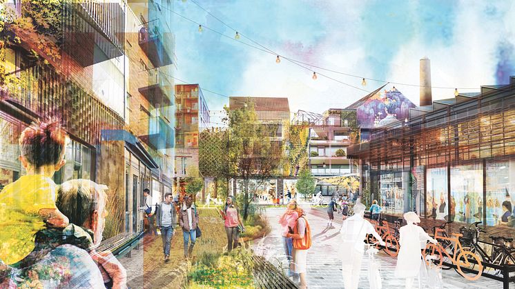 Visonsbild för framtidens Västerbro. Ett kollage baserat på planerna för hur den nya stadsdelen ska utformas och byggas. Bild: Lunds kommun