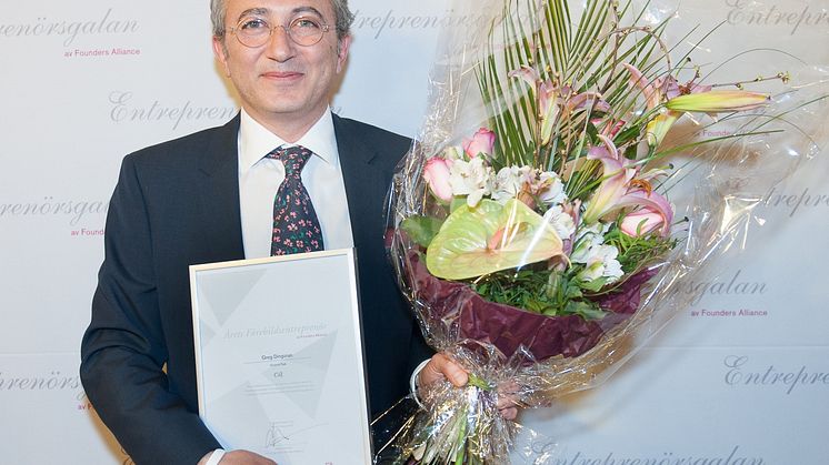 Greg Dingizian tilldelades utmärkelsen Årets Förebildsentreprenör igår på Entreprenörsgalan Syd
