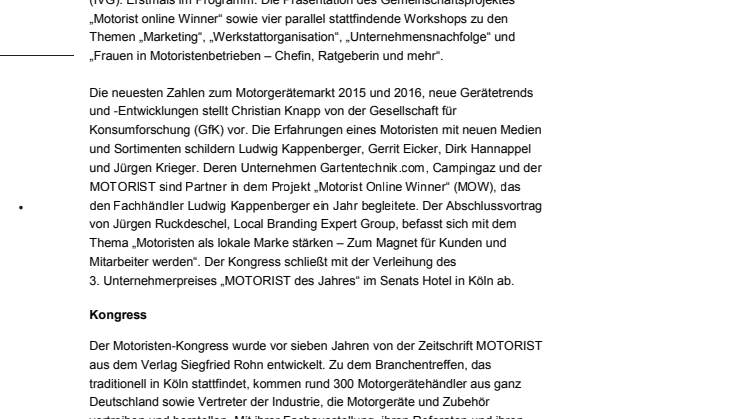Motoristen-Kongress 2017 mit vier neuen Workshops